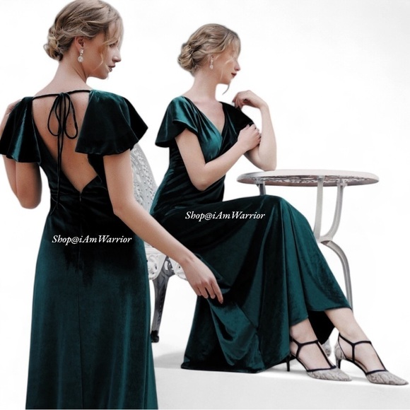 Anthropologie NWT Jenny Woo emerald flutter velvet gown *shop@iamwarrior - Picture 6 of 8